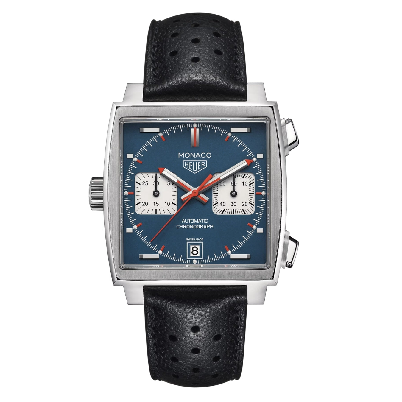 Tag Heuer Monaco CAW211P.FC6356 – Men's 39mm Square Stainless Steel Automatic Chronograph with 'Denim' Blue Dial & Black Leather Strap