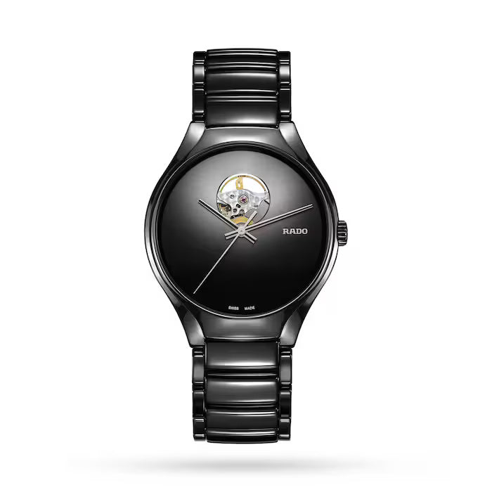 Rado R27107152 – Men's True Secret Automatic Watch, 40mm Black Ceramic Case & Bracelet, Transparent Back, Silver Hands, Sapphire Crystal, 50M WR