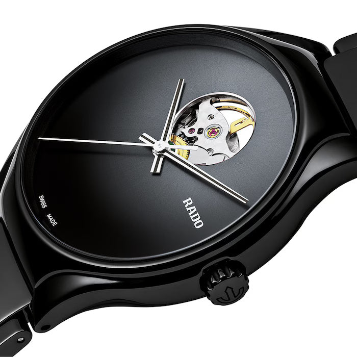 Rado R27107152 – Men's True Secret Automatic Watch, 40mm Black Ceramic Case & Bracelet, Transparent Back, Silver Hands, Sapphire Crystal, 50M WR