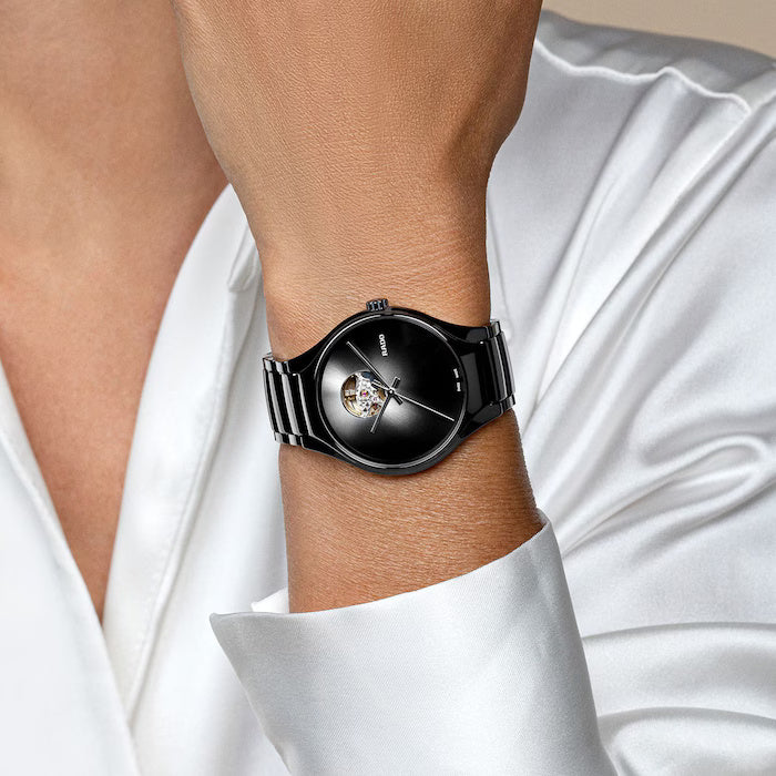 Rado R27107152 – Men's True Secret Automatic Watch, 40mm Black Ceramic Case & Bracelet, Transparent Back, Silver Hands, Sapphire Crystal, 50M WR