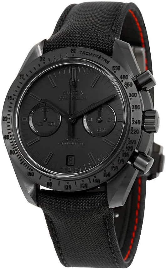 Black watch with detailed face and red accents on a white background