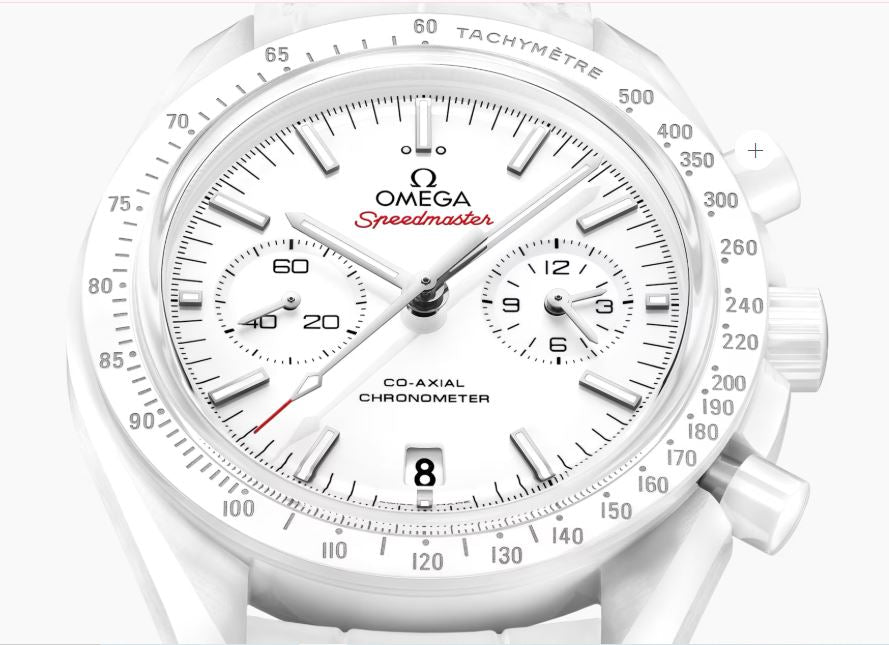 Close-Up of Omega Speedmaster White Ceramic Dial with Chronograph Subdials
