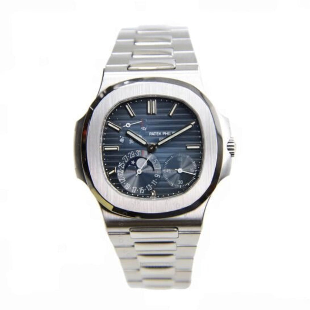 Silver watch with blue face on a white background