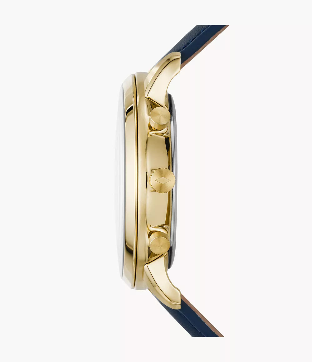 Fossil Neutra Chronograph Quartz Men’s Watch FS5790 – 44mm Blue Dial, Yellow Gold-Tone Bezel, Blue Leather Strap, Date Display, 30M Water Resistance