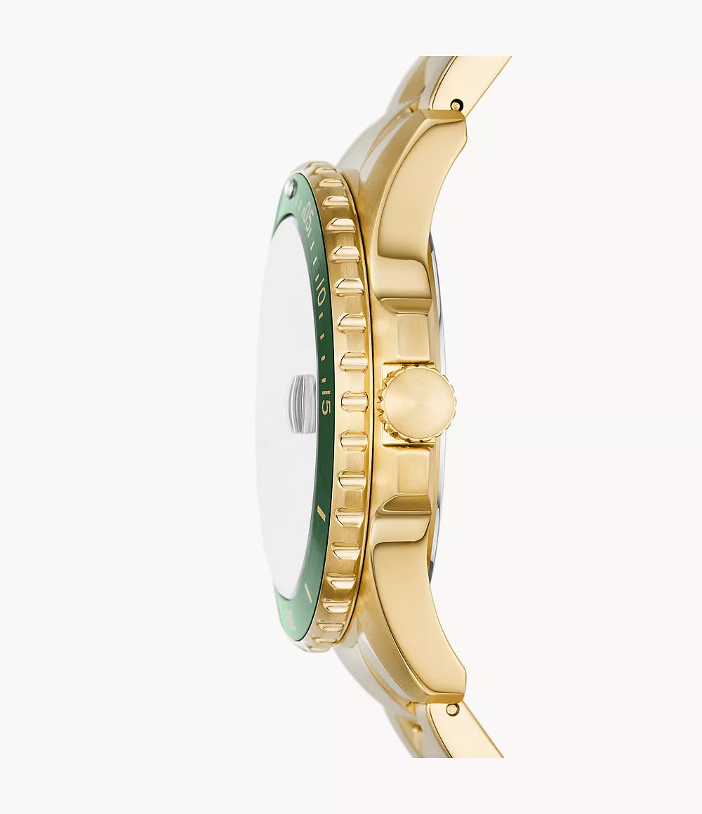 Fossil Blue Dive Quartz Men’s Watch FS6030 – 42mm Green Dial, Gold-Tone Stainless Steel Bracelet, Green Bezel, Date Display, 100M Water Resistance