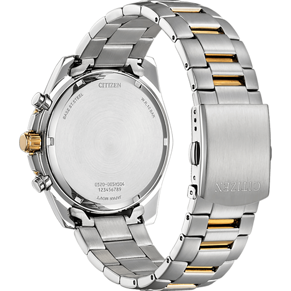 Citizen AN8204-59H Chronograph Quartz Grey Dial Two-Tone Stainless Steel Men’s Watch – 46.4mm, Rose Gold IP Bezel, Caliber 0520, 100M Water Resistant