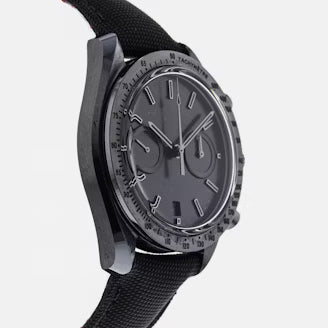 Black wristwatch with detailed face on a white background