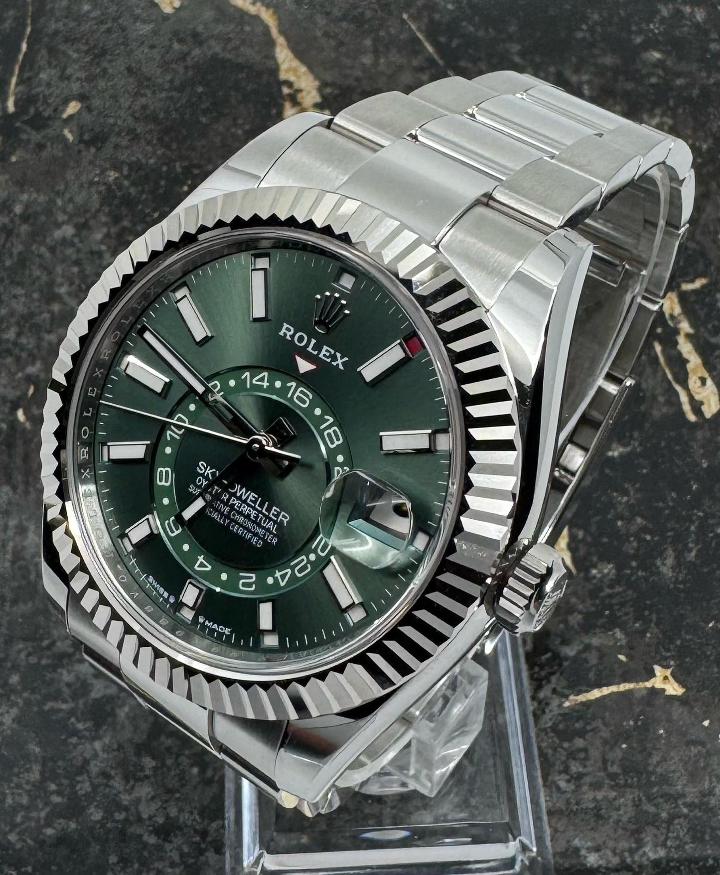 Rolex Sky-Dweller Green Dial Fluted Bezel Stainless Steel White Gold Watch 336934-0001