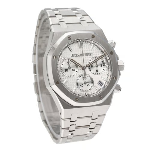 Silver Audemars Piguet watch on a white background