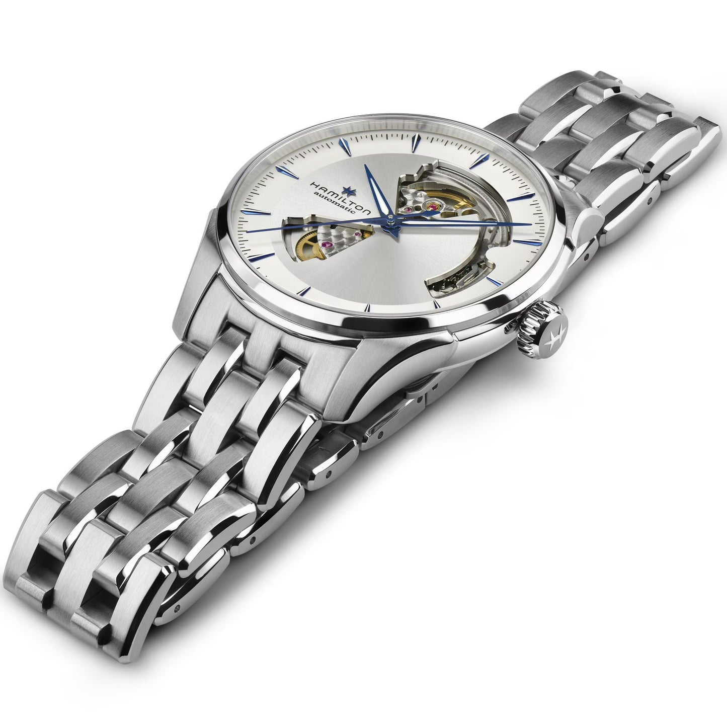 Hamilton H32675150 – Men's Jazzmaster Automatic Watch, 40mm Stainless Steel Case & Bracelet, Silver Cut-Out Dial with Luminous Blue Hands, Transparent Case Back, 80-Hour Power Reserve, 50M Water Resistance