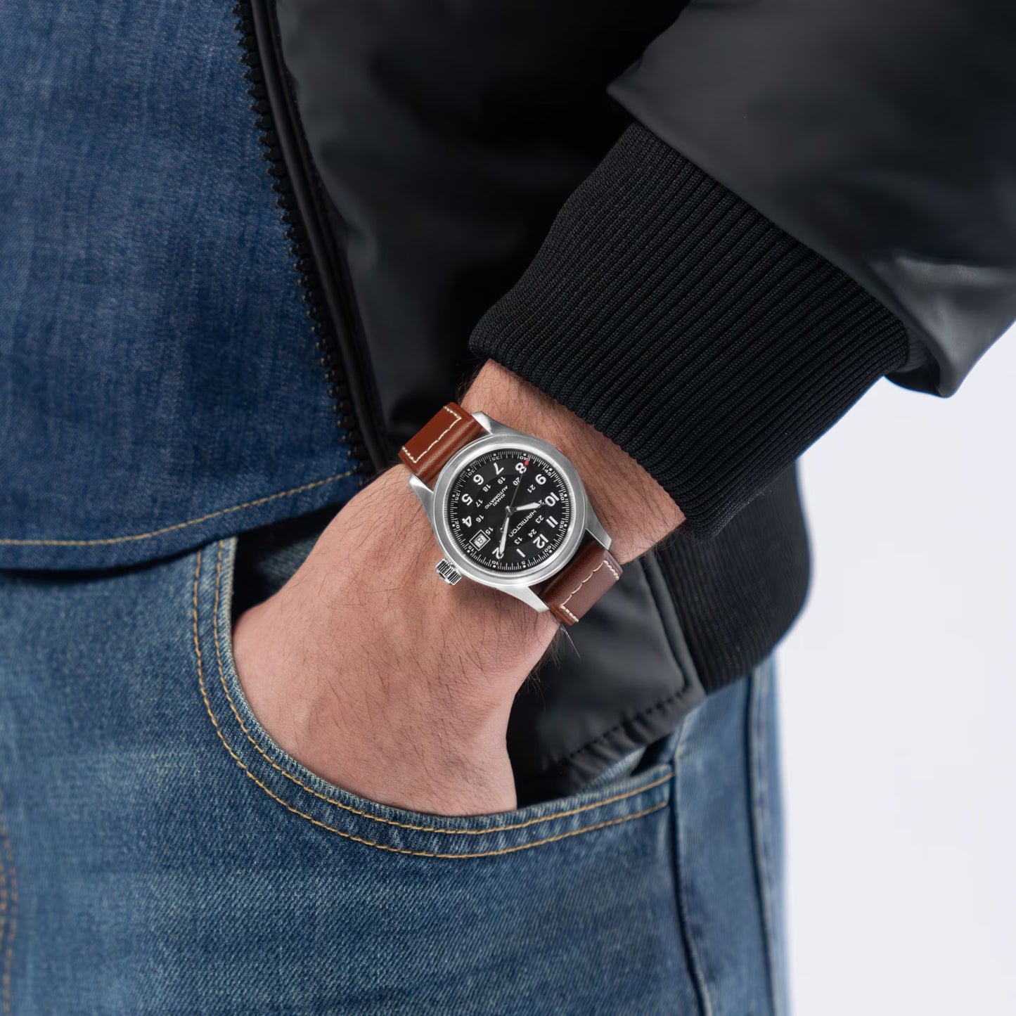 Hamilton Khaki Field Automatic Black Dial 38mm Men’s Watch H70455533 – Brown Leather Strap, Date Display, Calibre H-10, 80-Hour Power Reserve, Skeleton Case Back, 100M Water Resistance