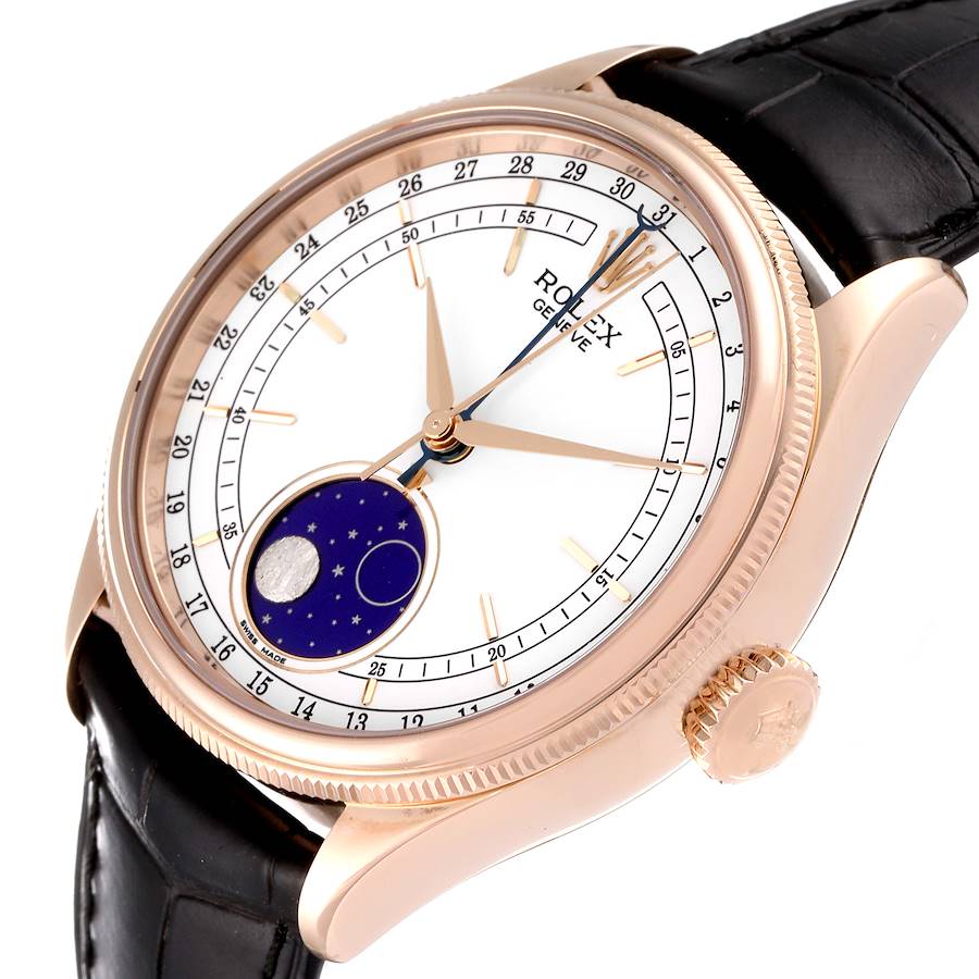 Rolex Cellini Moonphase White Dial Automatic 18K Everose Gold Brown Leather Men's Watch 50535WSBRL