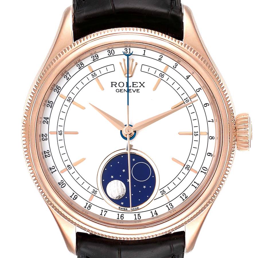 Rolex Cellini Moonphase White Dial Automatic 18K Everose Gold Brown Leather Men's Watch 50535WSBRL