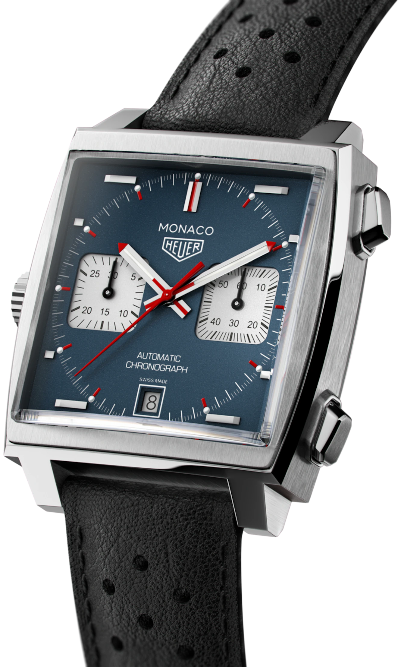 Tag Heuer Monaco CAW211P.FC6356 – Men's 39mm Square Stainless Steel Automatic Chronograph with 'Denim' Blue Dial & Black Leather Strap