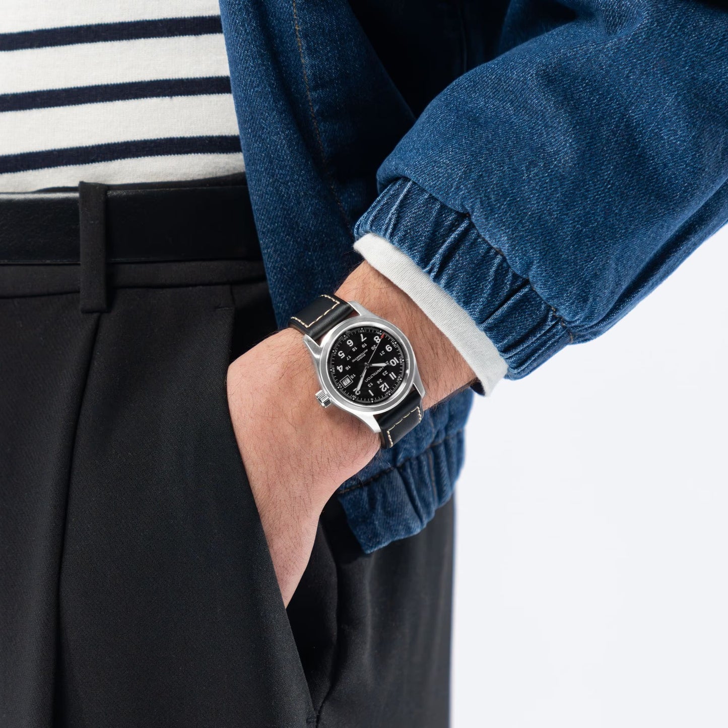 Hamilton Khaki Field Automatic Black Dial 38mm Men’s Watch H70455733 – Black Leather Strap, Date Display, Calibre H-10, 80-Hour Power Reserve, Uni-Directional Bezel, 100M Water Resistance