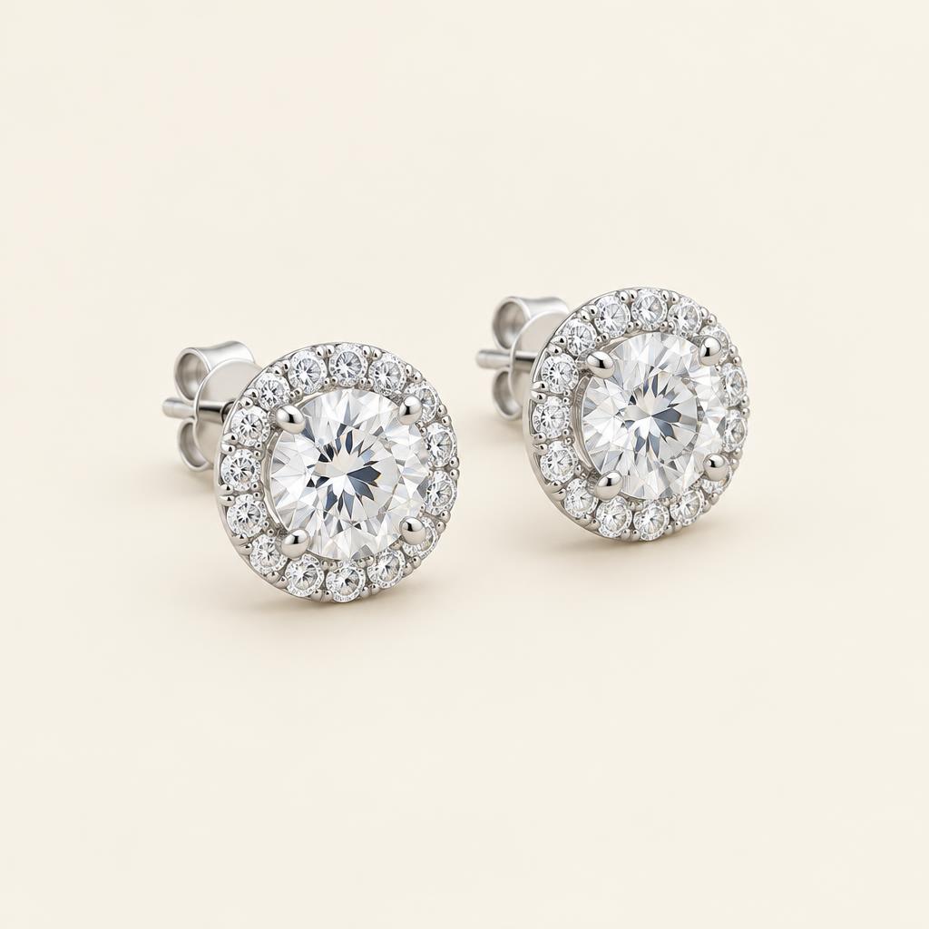 Illustrative matched pair: 1.50 CT TW Round Lab-Grown Diamond Halo Stud Earrings in 14K Gold