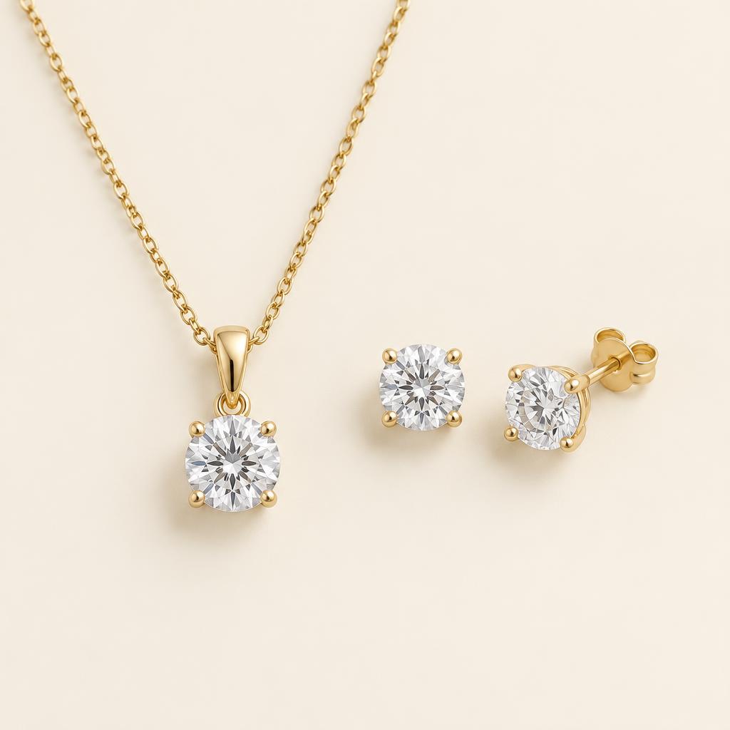 Illustrative Lab-Grown Diamond Solitaire Pendant & Stud Earrings Gift Set in 14K Gold