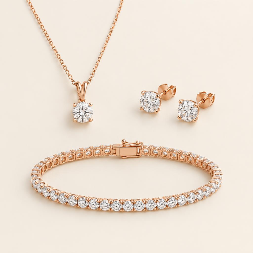 Illustrative Lab-Grown Diamond Pendant, Stud Earrings & Bracelet Gift Set in 14K Gold