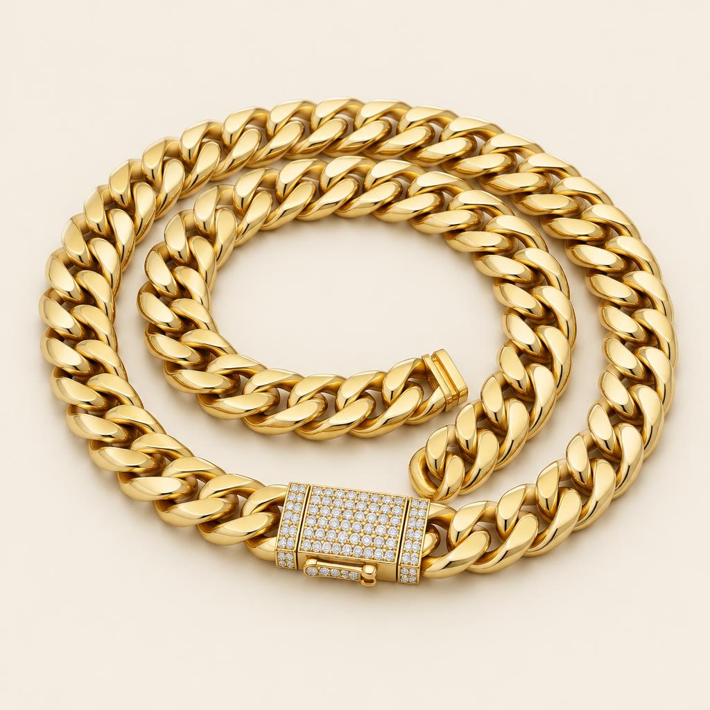 Illustrative 0.75 CT TW Lab-Grown Diamond Clasp Cuban Link Chain in 14K Gold