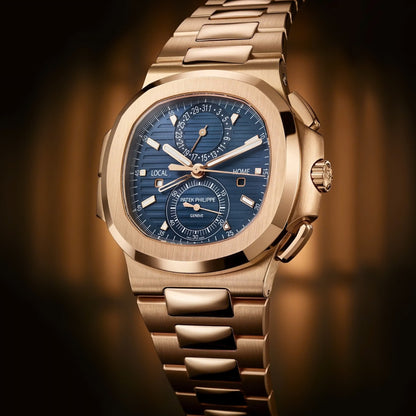 Patek Philippe Nautilus 40mm Blue Dial 18kt Rose Gold Dual Time Chronograph Watch 5990-1R-001