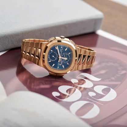 Patek Philippe Nautilus 40mm Blue Dial 18kt Rose Gold Dual Time Chronograph Watch 5990-1R-001