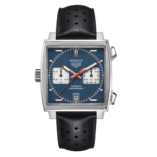Tag Heuer Monaco CAW211P.FC6356 – Men's 39mm Square Stainless Steel Automatic Chronograph with 'Denim' Blue Dial & Black Leather Strap