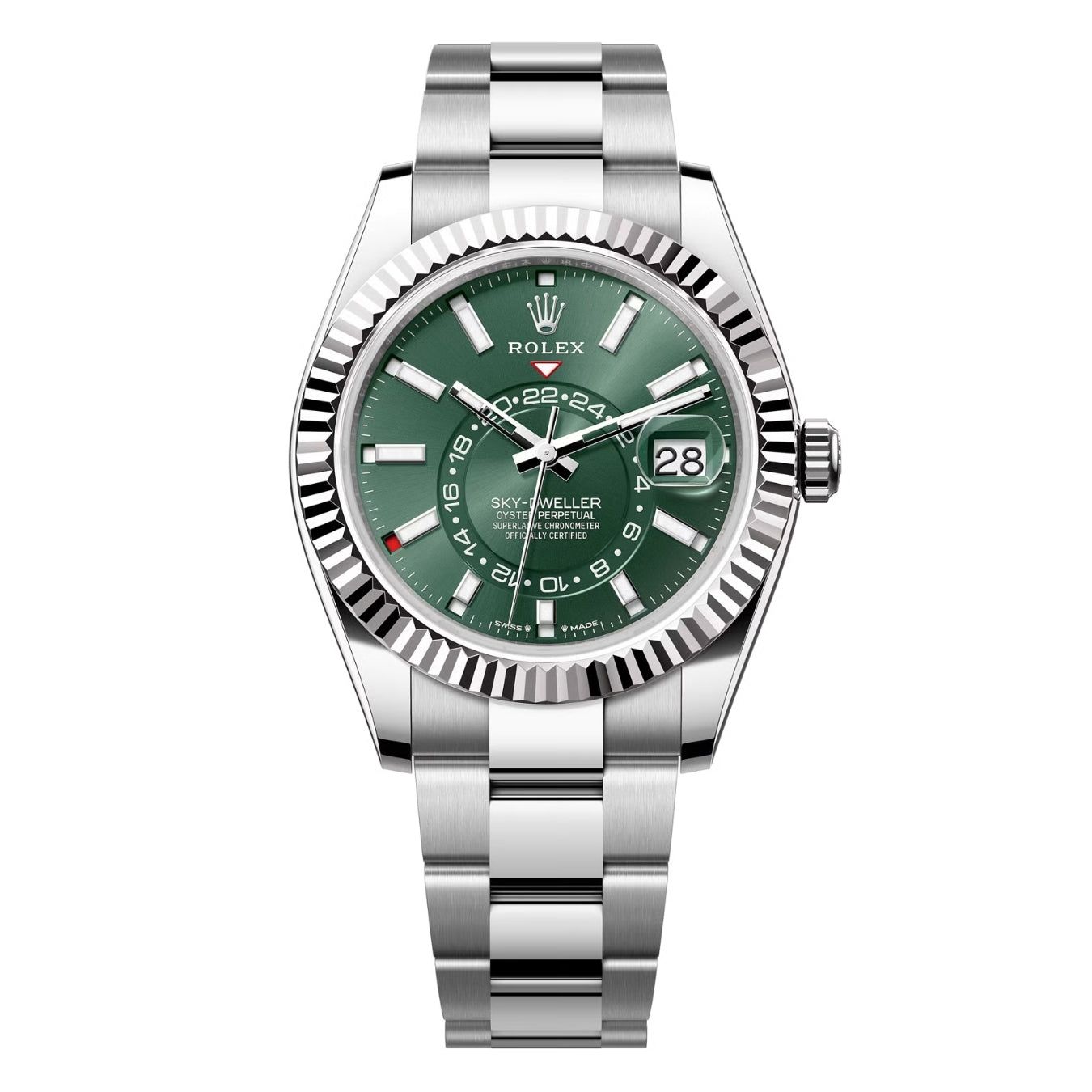 Rolex Sky-Dweller Green Dial Fluted Bezel Stainless Steel White Gold Watch 336934-0001