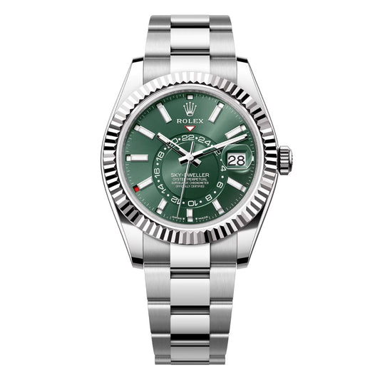 Rolex Sky-Dweller Green Dial Fluted Bezel Stainless Steel White Gold Watch 336934-0001