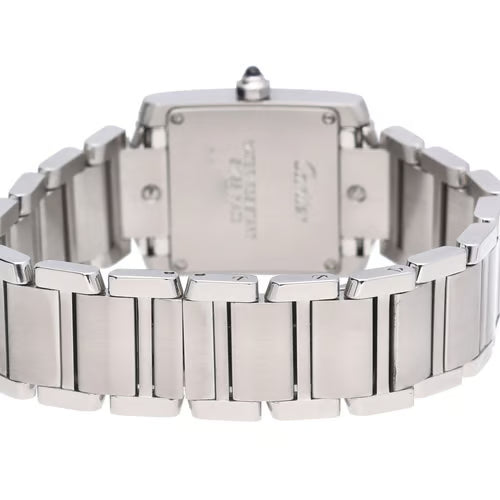 Silver watch with a detailed band on a white background