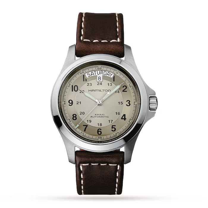 Hamilton Khaki Field Automatic Beige Dial 40mm Men’s Watch H64455523 – Brown Leather Strap, Day-Date Display, Calibre H-40, 80-Hour Power Reserve, Skeleton Case Back