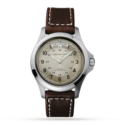 Hamilton Khaki Field Automatic Beige Dial 40mm Men’s Watch H64455523 – Brown Leather Strap, Day-Date Display, Calibre H-40, 80-Hour Power Reserve, Skeleton Case Back