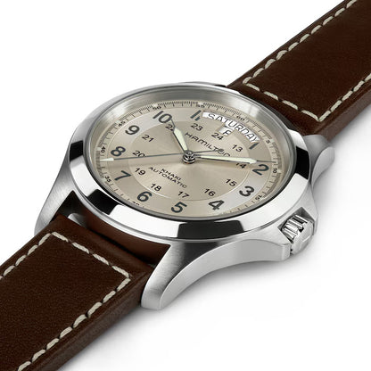 Hamilton Khaki Field Automatic Beige Dial 40mm Men’s Watch H64455523 – Brown Leather Strap, Day-Date Display, Calibre H-40, 80-Hour Power Reserve, Skeleton Case Back