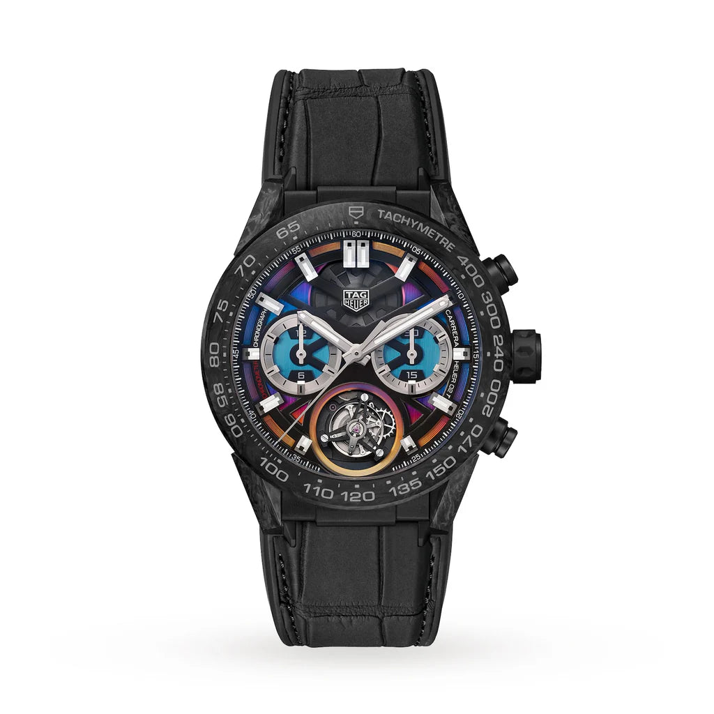 Black watch with colorful face on a white background