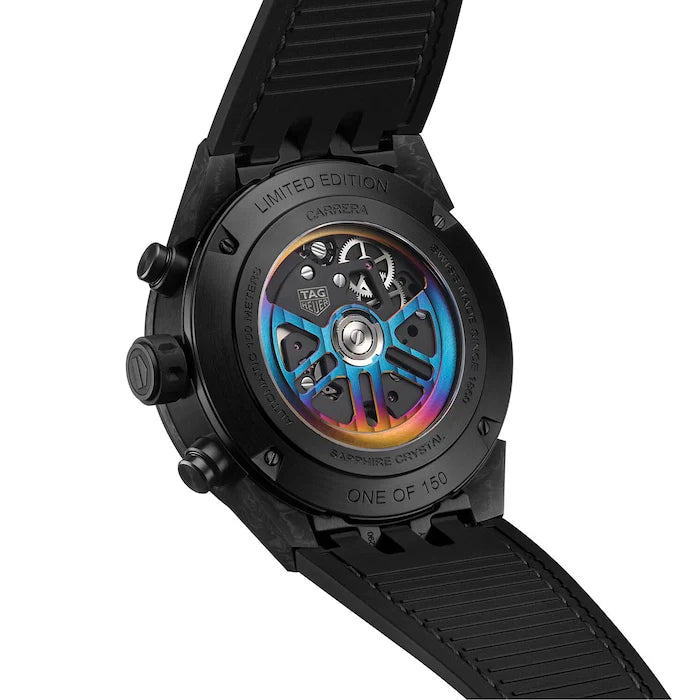 Black watch with a rainbow-colored mechanical component on a white background