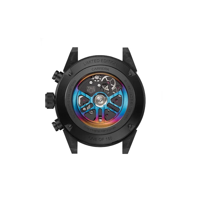 Watch with a rainbow-colored mechanical component on a white background