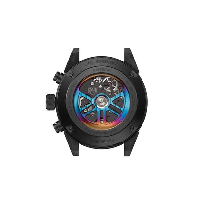 Watch with a rainbow-colored mechanical component on a white background