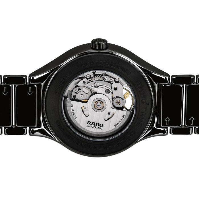 Rado R27107152 – Men's True Secret Automatic Watch, 40mm Black Ceramic Case & Bracelet, Transparent Back, Silver Hands, Sapphire Crystal, 50M WR