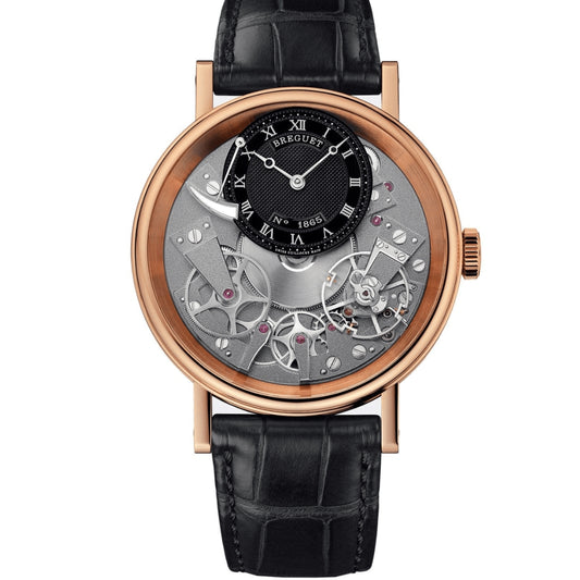 Breguet Tradition 7057BR/G9/9W6 Men’s 40mm Skeleton Rose Gold Hand-Wound Watch – Power Reserve, Black Leather Strap
