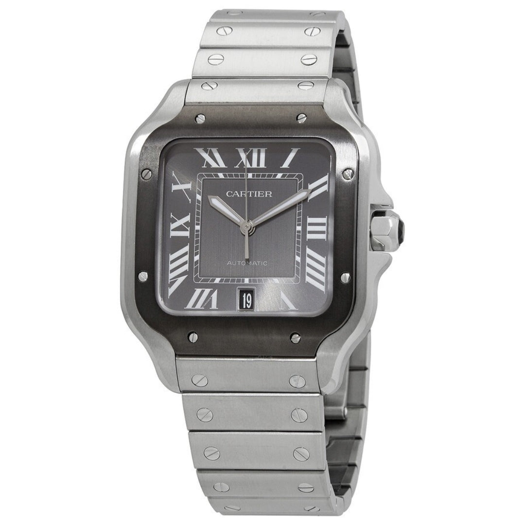 Cartier Santos WSSA0037 – 39mm Men’s Automatic Watch, Grey Dial, Black ADLC Bezel, Stainless Steel Bracelet