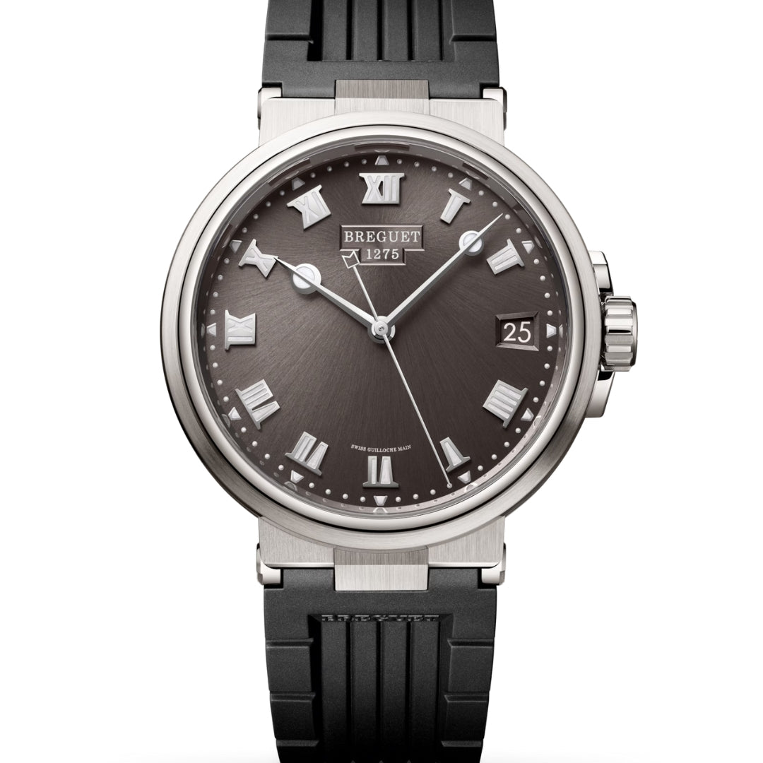 Breguet Marine 5517TI/G2/5ZU Men’s 40mm Titanium Automatic Watch – Grey Guilloché Dial, Rubber Strap, Calibre 777A