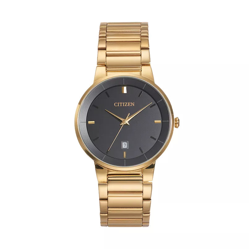 Citizen Quartz Black Dial Men’s Watch BI5012-53E – 40mm Yellow Gold-Tone Stainless Steel Case & Bracelet, Date Display, 50M Water Resistance | Luxero Exclusive