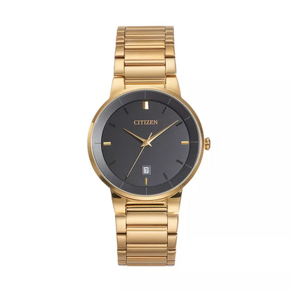 Citizen Quartz Black Dial Men’s Watch BI5012-53E – 40mm Yellow Gold-Tone Stainless Steel Case & Bracelet, Date Display, 50M Water Resistance | Luxero Exclusive