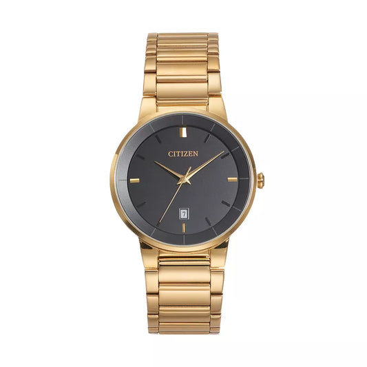 Citizen Quartz Black Dial Men’s Watch BI5012-53E – 40mm Yellow Gold-Tone Stainless Steel Case & Bracelet, Date Display, 50M Water Resistance | Luxero Exclusive