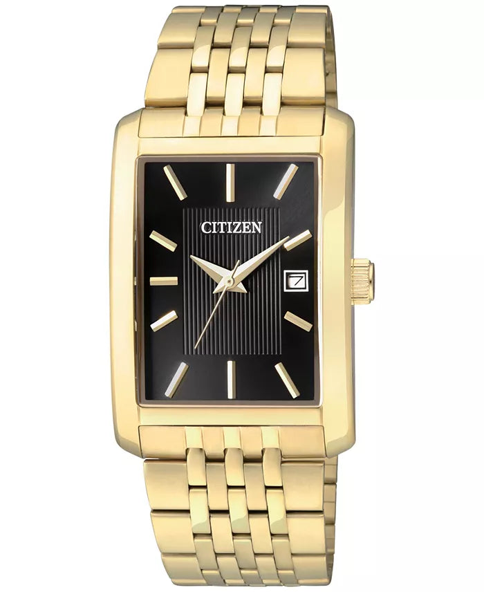 Citizen BH1673-50E Rectangular Black Dial Quartz Men’s Watch – Gold-Tone Stainless Steel Case & Bracelet, Date Display, Scratch-Resistant Crystal, 30M Water Resistance