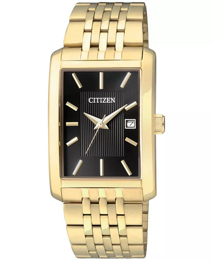 Citizen BH1673-50E Rectangular Black Dial Quartz Men’s Watch – Gold-Tone Stainless Steel Case & Bracelet, Date Display, Scratch-Resistant Crystal, 30M Water Resistance