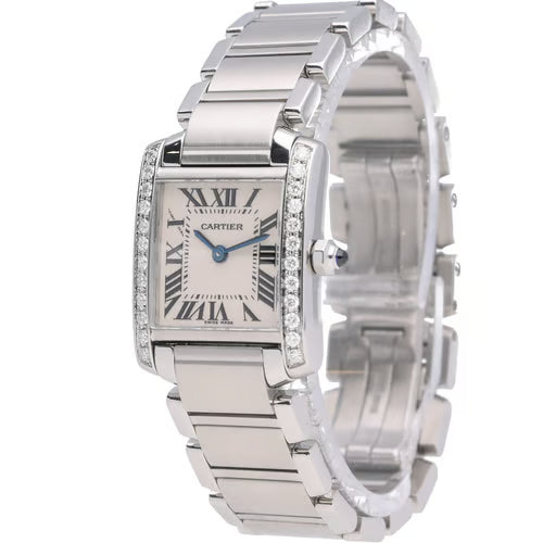 Silver Cartier watch with diamond accents on a white background