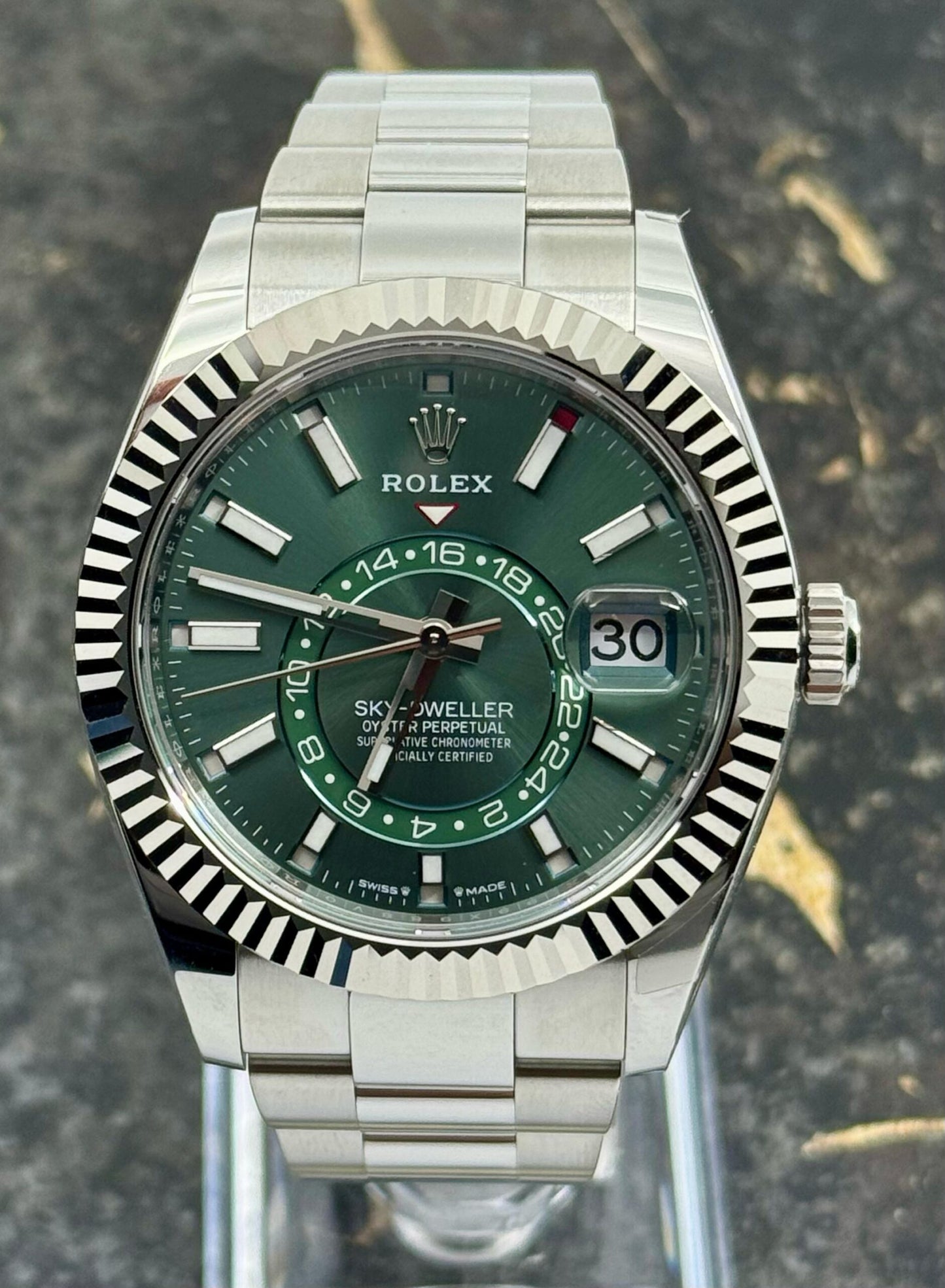 Rolex Sky-Dweller Green Dial Fluted Bezel Stainless Steel White Gold Watch 336934-0001