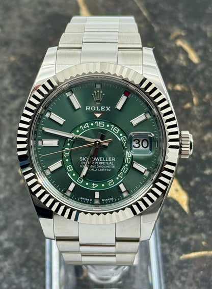 Rolex Sky-Dweller Green Dial Fluted Bezel Stainless Steel White Gold Watch 336934-0001