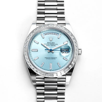 Rolex Day-Date 40 Ice Blue Dial Diamond Bezel Platinum President Watch 228396TBR