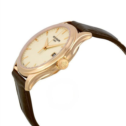 Gold watch with a brown leather strap on a white background